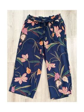 LOFT Navy Floral Pull-On Wide Leg Pants